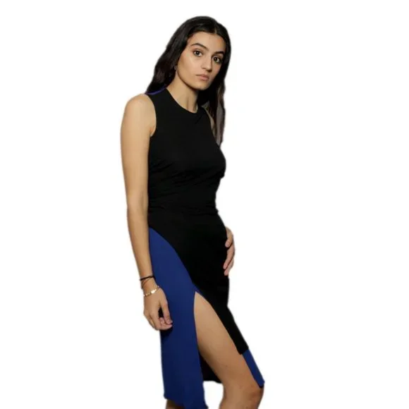 Versace 2017 Bodycon Runched Two Tone Dress Black Blue 36